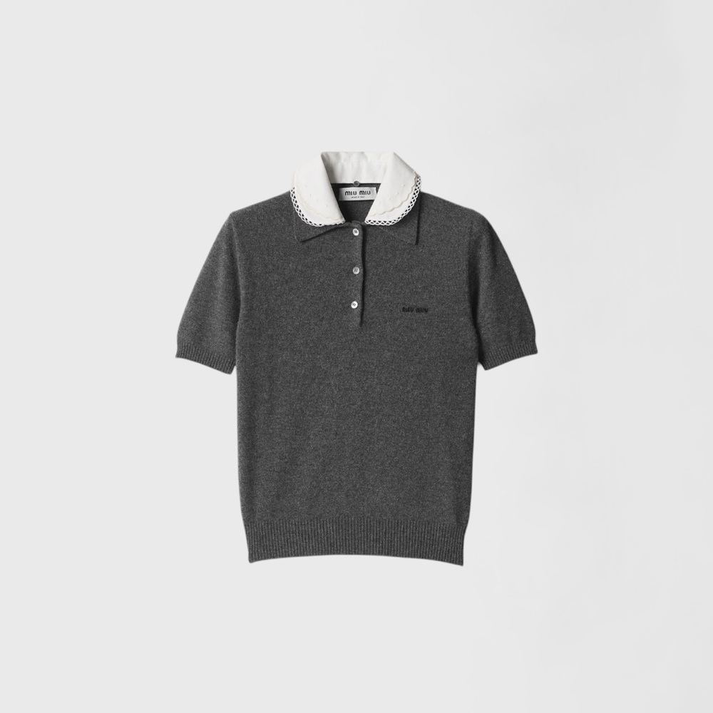 Miu Miu Cashmere polo with embroidered poplin collar It38